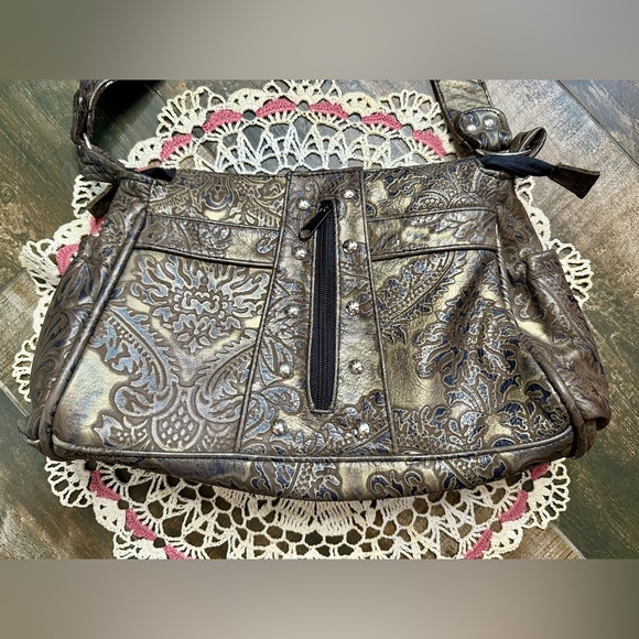 Vintage Genuine Leather Tooled Shoulder Bag Boho Western Made in Mexico - Picture 4 of 5